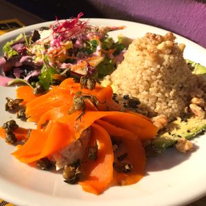 Nor-vegan salmon with barley and salad at EmmaPea Vegan Food and Bar in Berlin