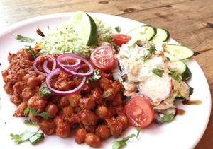 Barbecue chickpeas with sea side salad and green basmati rice at EmmaPea Vegan Food and Bar in Berlin