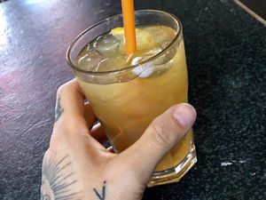 good ice tea (yet with plastic straw, sigh) at EmmaPea Vegan Food and Bar in Berlin