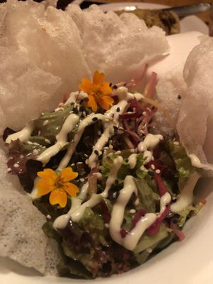 This was a delightful salad embellished with delicate flowers in a rice shell. Light and fresh  at EmmaPea Vegan Food and Bar in Berlin