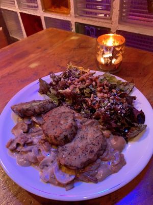 Dish of the day:  Napkin Dumplings with Mushroom Ragout and a side salad! I don’t particularly like mushrooms, and I would bathe in that sauce. It was SO delicious! at EmmaPea Vegan Food and Bar in Berlin