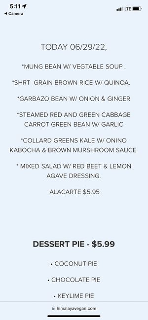 Menu   at Himalaya Vegan in Sacramento