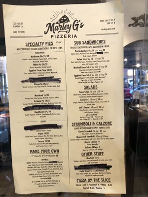 2 vegan pizzas in the menu. Pizzas are fine but the place is dirty and staff are lame 😒   at Marley G's in Alameda