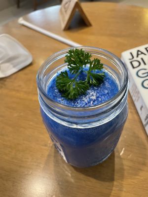 Tropical blue smoothie (banana, pineapple, blue spirulina, coconut milk), 180 baht  at Bartels in Bangkok