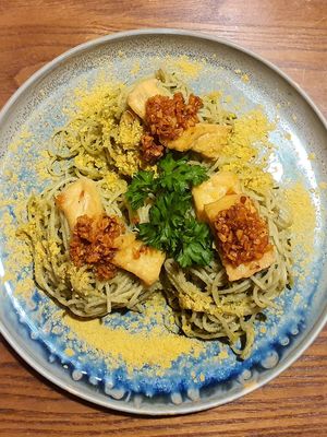 75k and delicious! Spaghetti pesto (with tofu instead of mushrooms) at CHAYFOOD in Hanoi