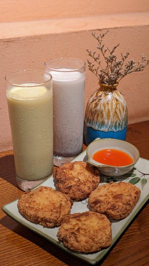 Vegan Mushroom Tofu Pancake, Pumpkin Cashew Milk, Brown Rice Cashew Milk at CHAYFOOD in Hanoi