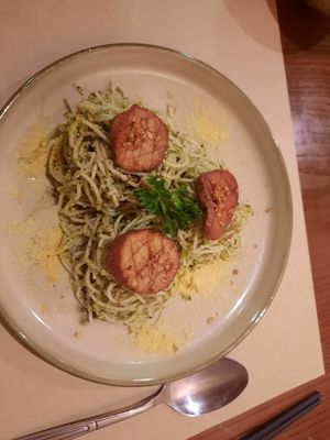 Spaghetti pesto with amazing vegan sausage and vegan parmasion at CHAYFOOD in Hanoi