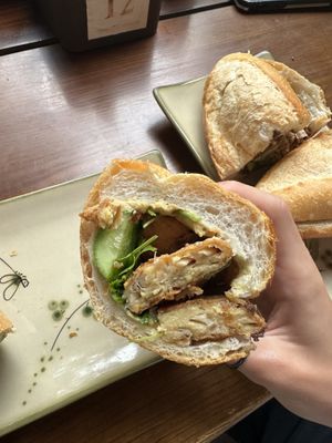 Tofu sausage banh my with cheese sauce.  at CHAYFOOD in Hanoi