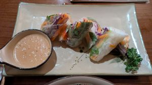 Fresh rice paper rolls, with peanut dipping sauce. at CHAYFOOD in Hanoi