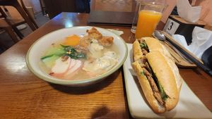 Won ton noodle soup. Tofu and sausage bread at CHAYFOOD in Hanoi