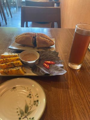 Pate banh mi, steamed tofu cakes (small portion) and winter melon & monk fruit drink at CHAYFOOD in Hanoi