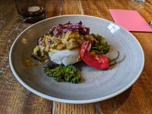 Vegan coconut and aubergine curry at Mossbrook in Eckington
