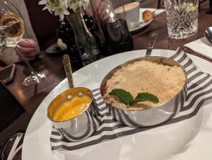 Vegan crumble and soy custard at Mossbrook in Eckington
