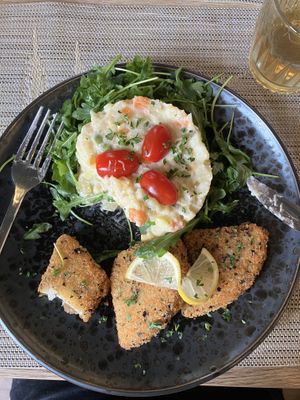 Fried 'fish' was very crunchy and czech potato salad tasted great.  at Vegan House in Prague