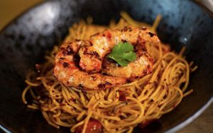 Vegan spaghetti with shrimps and chilli  at Vegan House in Prague