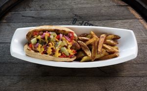 Hot dog and home made fries !!  at Vegan House in Prague