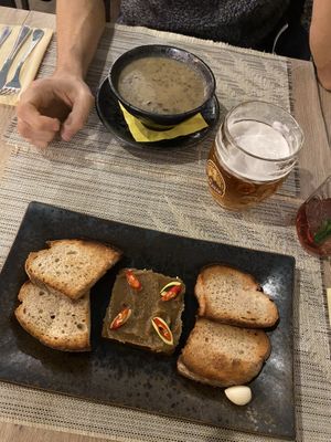 Mushroom Dill Soup and Aubergine Tartar  at Vegan House in Prague