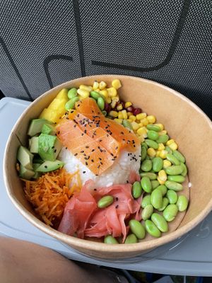 Poke bowl with salmon  at Vegan House in Prague