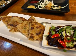 Zen Flatbread (Scallion pancake with roasted eggplant)  at The Pacific Kitchen in Montgomery