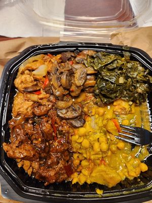 Green banana, collard greens, sautéed mushrooms, teriyaki non chicken, jerk non chicken, chick pea and pumpkin stew. at Holy Fruits Juice Press in Bronx