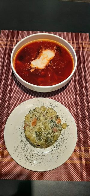 Borsch; Potato salad at Loving Hut - Meditation Center in Ulaanbaatar