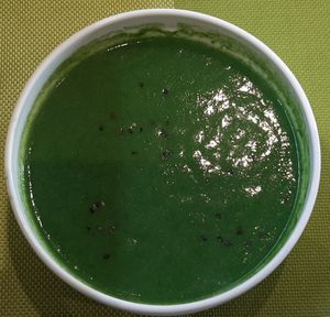 Spinach soup at Loving Hut - Meditation Center in Ulaanbaatar