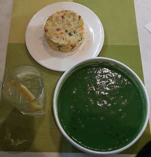 Lemon water; Potato salad; Spinach soup at Loving Hut - Meditation Center in Ulaanbaatar