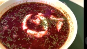 Beet soup  at Loving Hut - Meditation Center in Ulaanbaatar