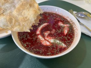Beet soup with chapati   at Loving Hut - Meditation Center in Ulaanbaatar
