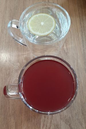 Lemon water, cranberry juice at Loving Hut - Meditation Center in Ulaanbaatar