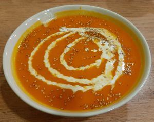 Pumpkin soup at Loving Hut - Meditation Center in Ulaanbaatar