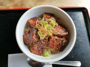 Charcoal-grilled deep fried tofu rice bowl. Size m 972 Y. at Vegans Cafe and Restaurant in Kyoto