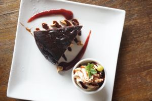 Chocolate cake with vegan soft serve. at Vegans Cafe and Restaurant in Kyoto