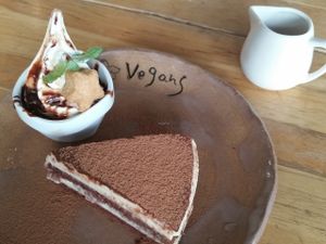 tiramisu and soft serve at Vegans Cafe and Restaurant in Kyoto