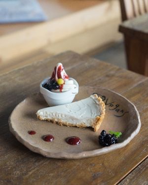 Lemon cheese cake and vanilla berry soft serve. at Vegans Cafe and Restaurant in Kyoto