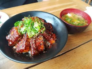 Charcoal grilled tofu rice bowl + miso at Vegans Cafe and Restaurant in Kyoto