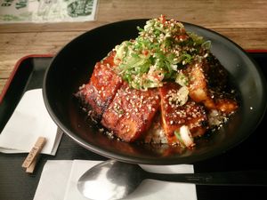 Fried tofu - delicious sauce! Chewy and soft at the same time! at Vegans Cafe and Restaurant in Kyoto