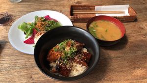 Small roasted tofu rice bowl with miso soup and salad set at Vegans Cafe and Restaurant in Kyoto