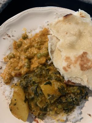 vegetable coconut korma and saag aloo over rice with some coconut naan at The Kathmandu - Highland in Salt Lake City
