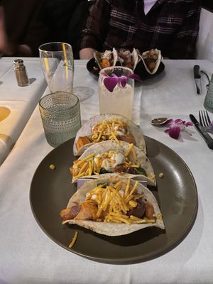 Sweet potato tacos - added vegan cheese and vegan sour cream   at Jardín in Patchogue