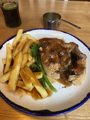 Vegan mushroom and ale pie with chips  at The Bell in Stratford-upon-avon