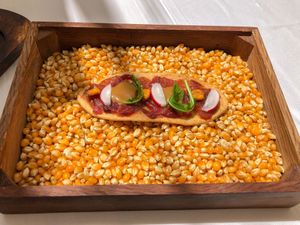 Xeixa flatbread with corn & radish  at DaiCa in Mallorca