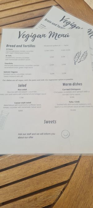 Menu at  Vegigan in Tenerife