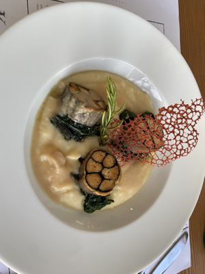 vegan fish with white wine sauce in a cauliflower puree  at The Botanist in Zadar