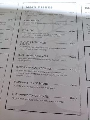 The menu at The Botanist in Zadar