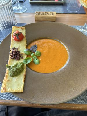 Tomato Soup with Lasagne, black rice, pesto and roasted tomato (my personal favorite)  at The Botanist in Zadar