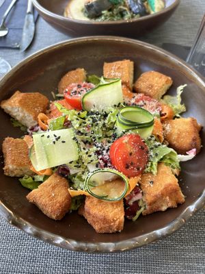 salad with fried “meat” and aioli dressing - as recommended we topped it with a special balsamic acid (awesome)  at The Botanist in Zadar