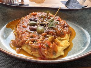 Tasselet Wobbegong - Polenta with mushroom olives morar kapers Brodetto  at The Botanist in Zadar