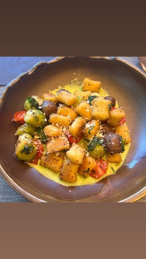 Gnocchi with brussels sprouts & meal balls, & a really nice sauce   at The Botanist in Zadar