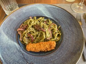 Daily pasta special - green tagliatelle with olives and breaded eggplant   at The Botanist in Zadar